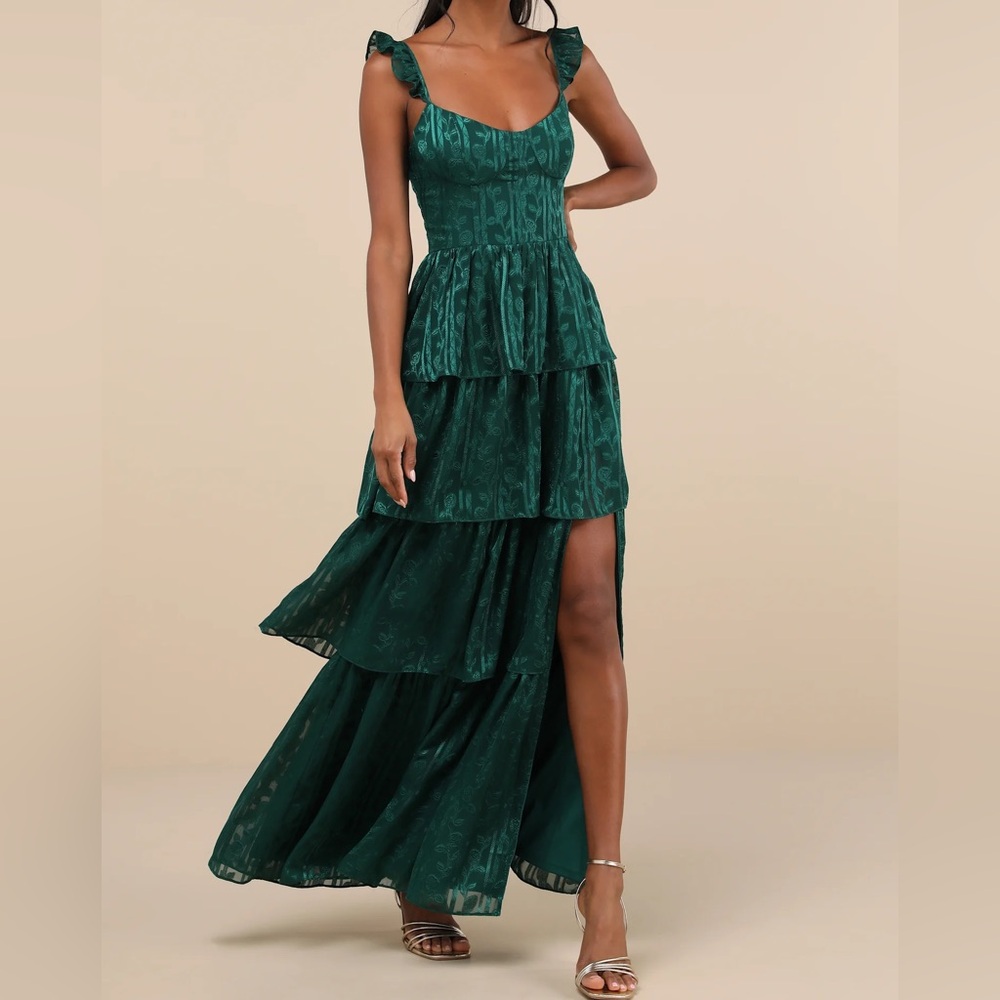 NWT Lulus Stunning Glory Hunter Green Floral Jacquard Tiered Maxi Dress